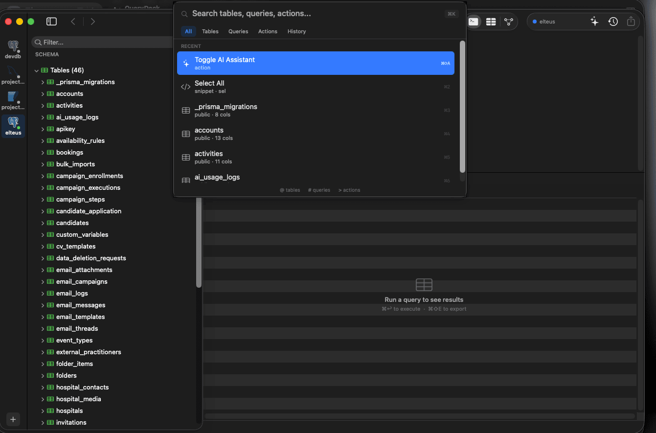 QueryDeck command palette with fuzzy search across tables, queries, and actions