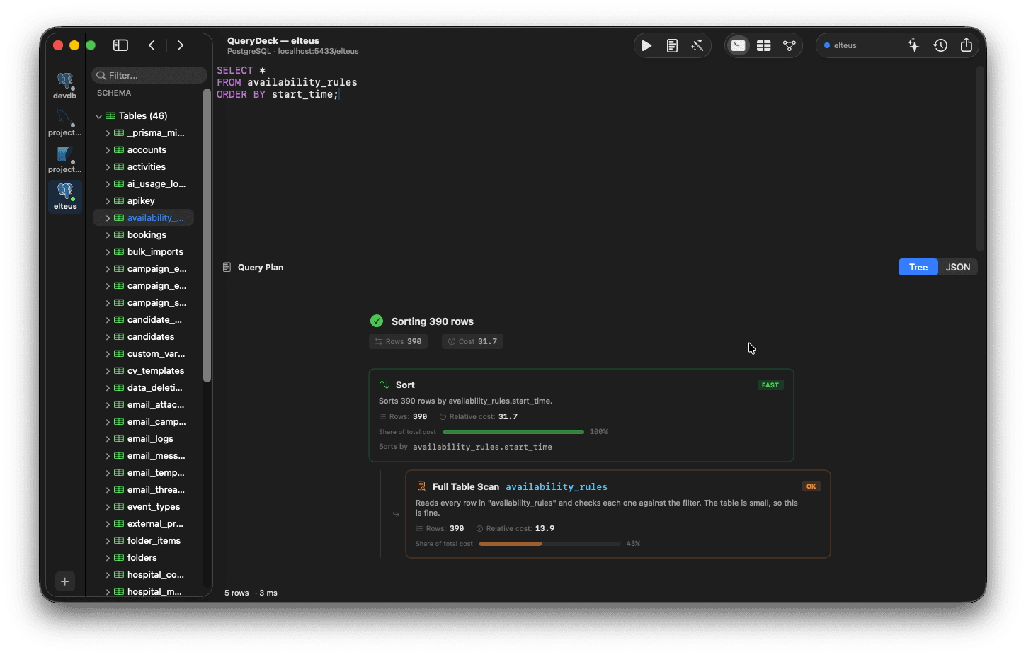 QueryDeck EXPLAIN ANALYZE with tree view, severity badges, and performance tips